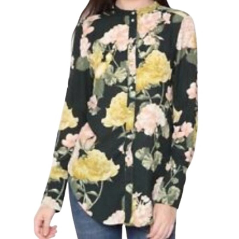 H&M Green Button-Up Blouse Multicolor Bold Floral Print Mandarin Collar